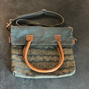 Mona B Denim and Gold Canvas Upcycled Drama Queen Foldover Crossbody Bag